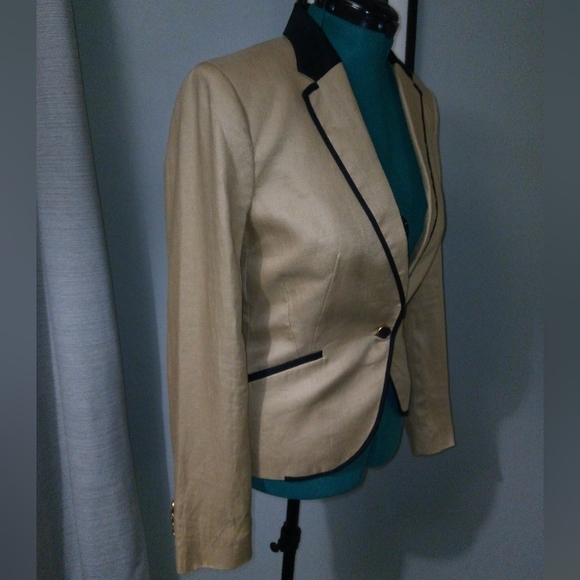 Mango Tan & Black One Button Linen Hourglass Blazer Sz 8 - Picture 5 of 11